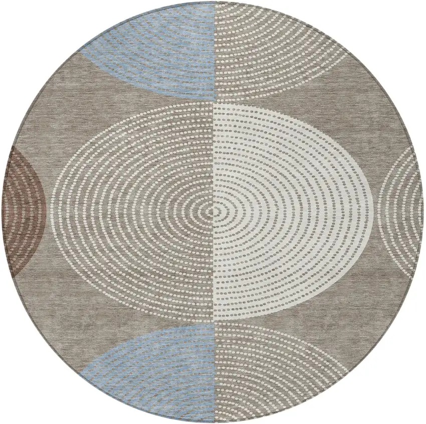 8' Taupe Ivory And Blue Round Geometric Washable Indoor Outdoor Area Rug Photo 5