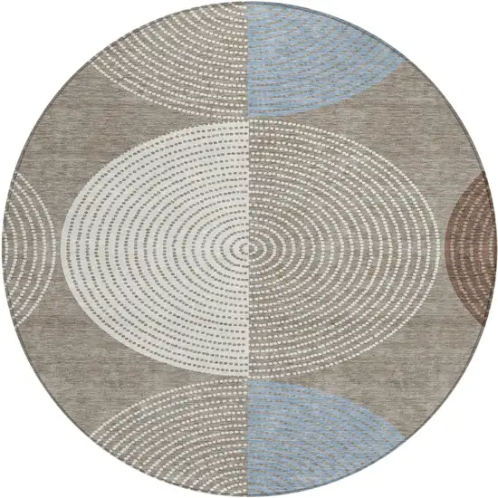 8' Taupe Ivory And Blue Round Geometric Washable Indoor Outdoor Area Rug Photo 2