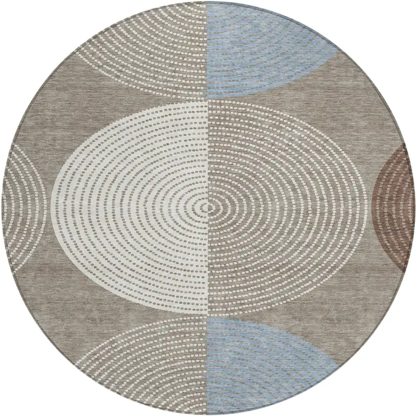 8' Taupe Ivory And Blue Round Geometric Washable Indoor Outdoor Area Rug Photo 2