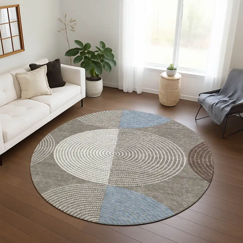 8' Taupe Ivory And Blue Round Geometric Washable Indoor Outdoor Area Rug Photo 9