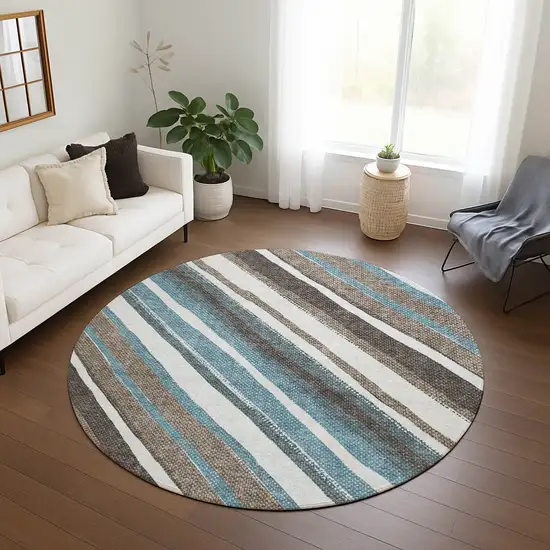 8' Taupe Ivory And Blue Round Striped Washable Indoor Outdoor Area Rug Photo 9
