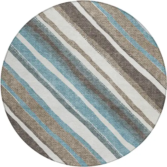 8' Taupe Ivory And Blue Round Striped Washable Indoor Outdoor Area Rug Photo 2