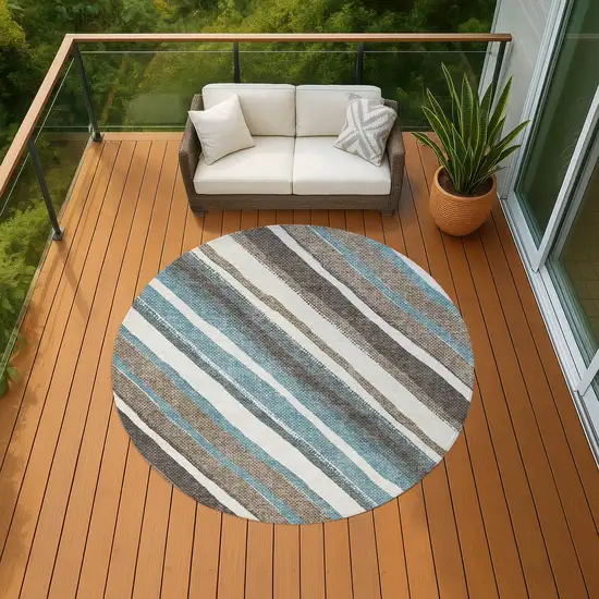 8' Taupe Ivory And Blue Round Striped Washable Indoor Outdoor Area Rug Photo 8