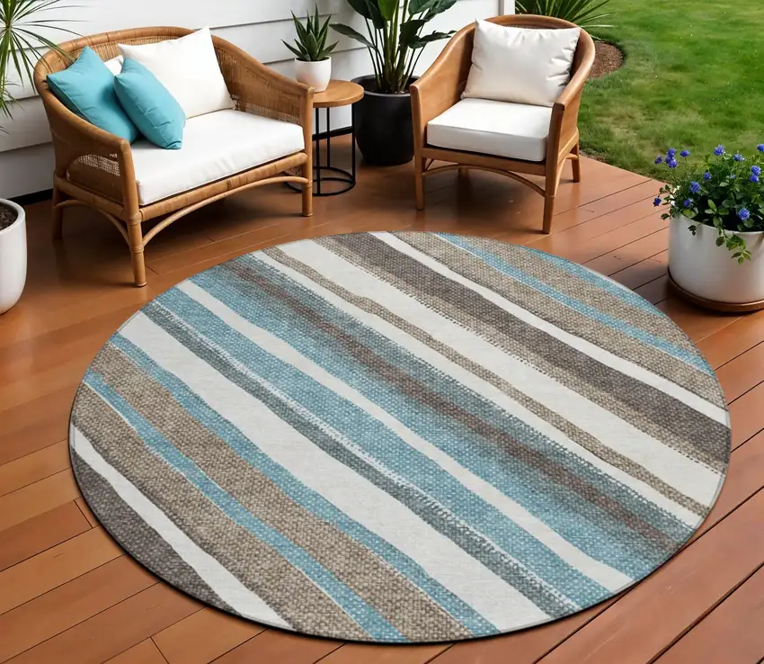 8' Taupe Ivory And Blue Round Striped Washable Indoor Outdoor Area Rug Photo 1