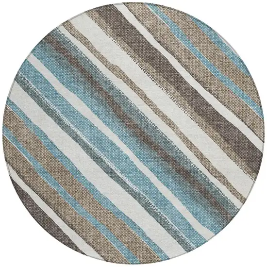 8' Taupe Ivory And Blue Round Striped Washable Indoor Outdoor Area Rug Photo 4