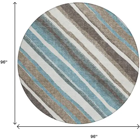 8' Taupe Ivory And Blue Round Striped Washable Indoor Outdoor Area Rug Photo 3