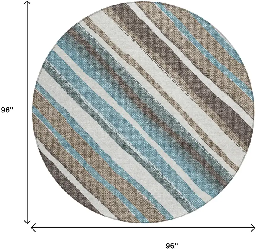 8' Taupe Ivory And Blue Round Striped Washable Indoor Outdoor Area Rug Photo 3