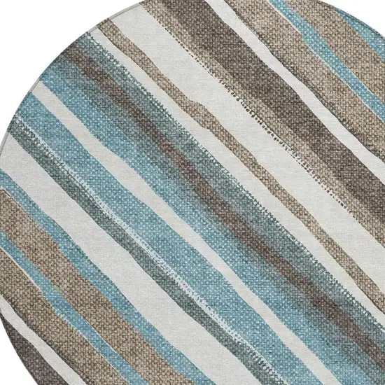 8' Taupe Ivory And Blue Round Striped Washable Indoor Outdoor Area Rug Photo 7