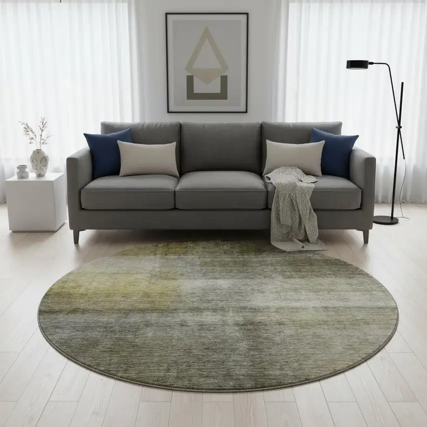 8' Taupe Ivory And Brown Abstract Washable Round Rug With UV Protection Photo 1