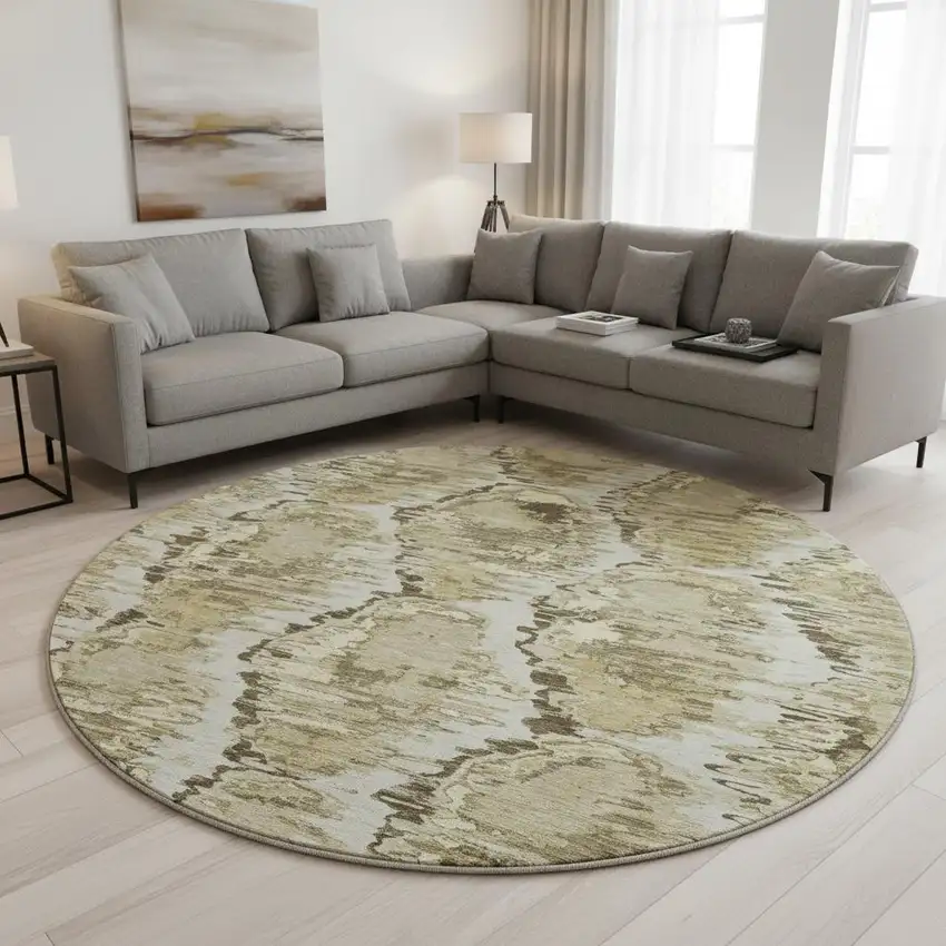 8' Taupe Ivory And Brown Diamond Washable Round Rug With UV Protection Photo 2