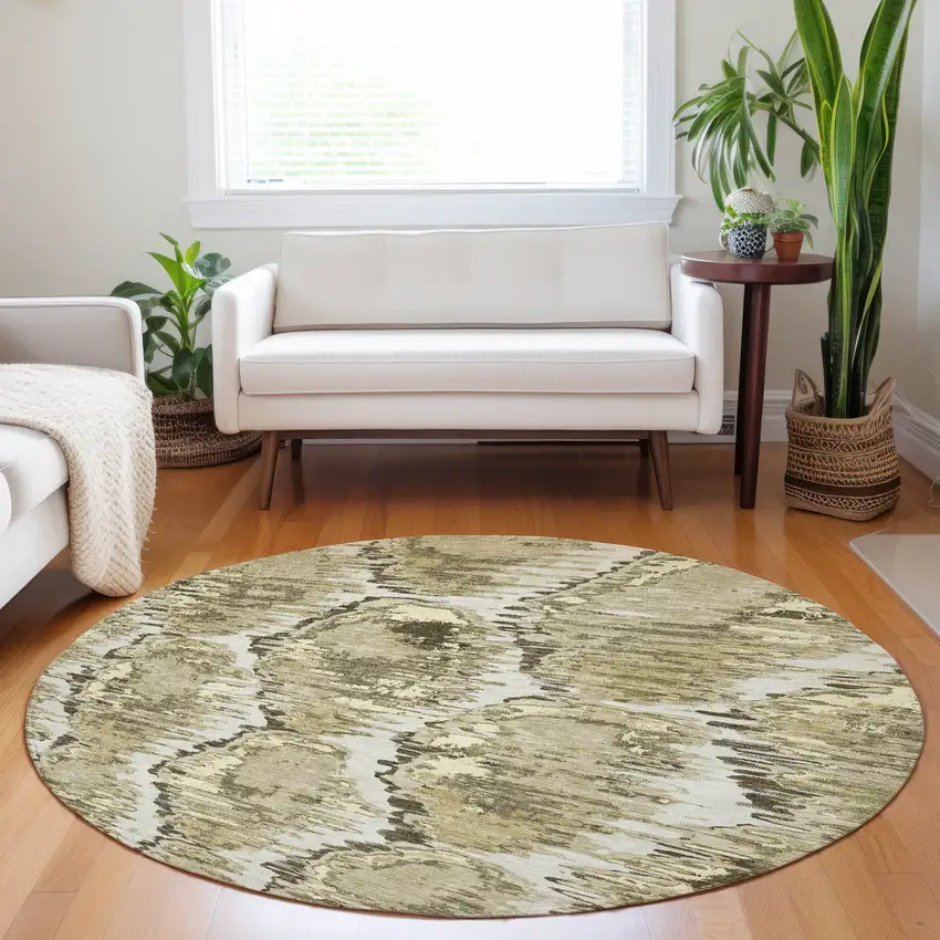 8' Taupe Ivory And Brown Diamond Washable Round Rug With UV Protection Photo 5