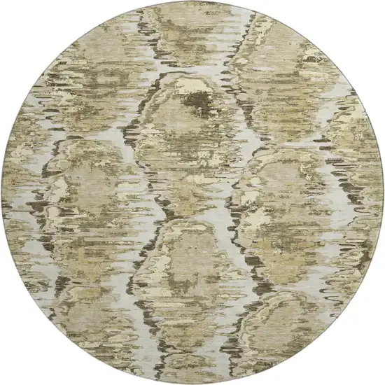8' Taupe Ivory And Brown Diamond Washable Round Rug With UV Protection Photo 1