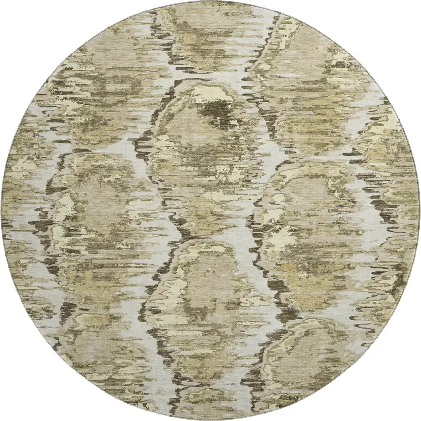 8' Taupe Ivory And Brown Diamond Washable Round Rug With UV Protection Photo 1