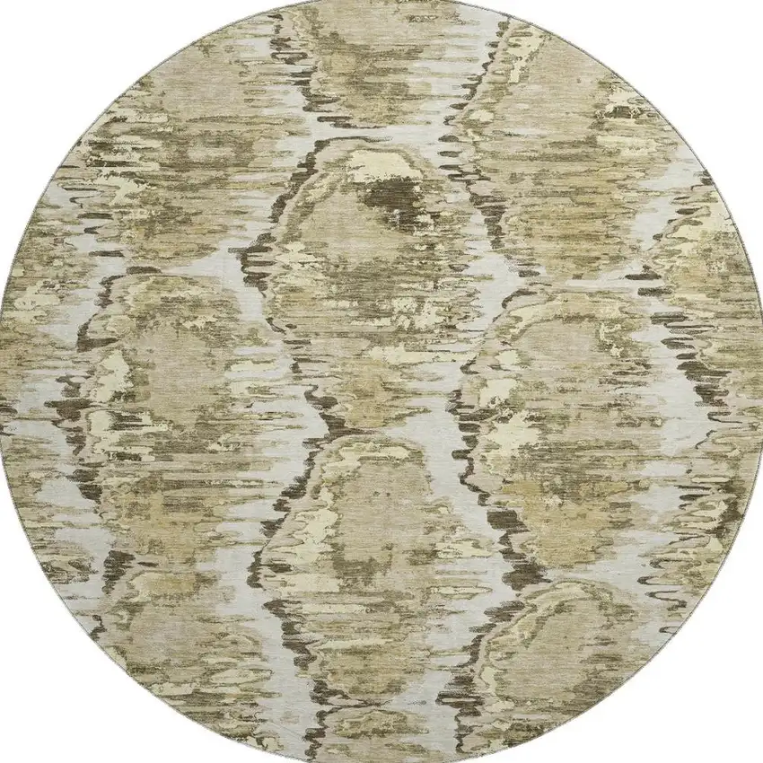 8' Taupe Ivory And Brown Diamond Washable Round Rug With UV Protection Photo 3