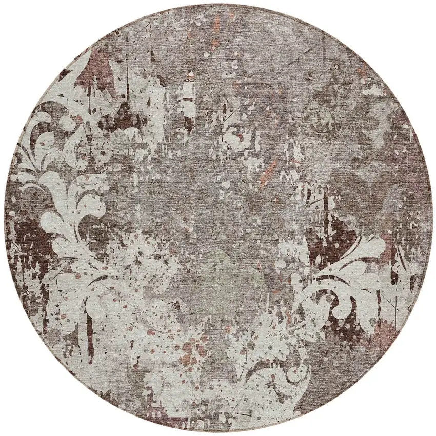 8' Taupe Ivory And Brown Round Damask Washable Indoor Outdoor Area Rug Photo 5