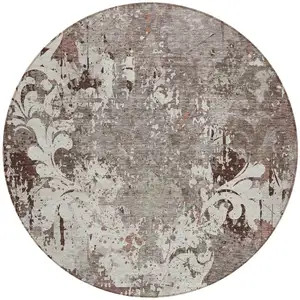 Photo of 8' Taupe Ivory And Brown Round Damask Washable Indoor Outdoor Area Rug