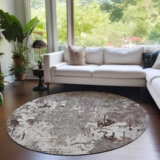 8' Taupe Ivory And Brown Round Damask Washable Indoor Outdoor Area Rug Photo 7