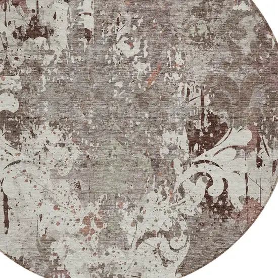 8' Taupe Ivory And Brown Round Damask Washable Indoor Outdoor Area Rug Photo 4