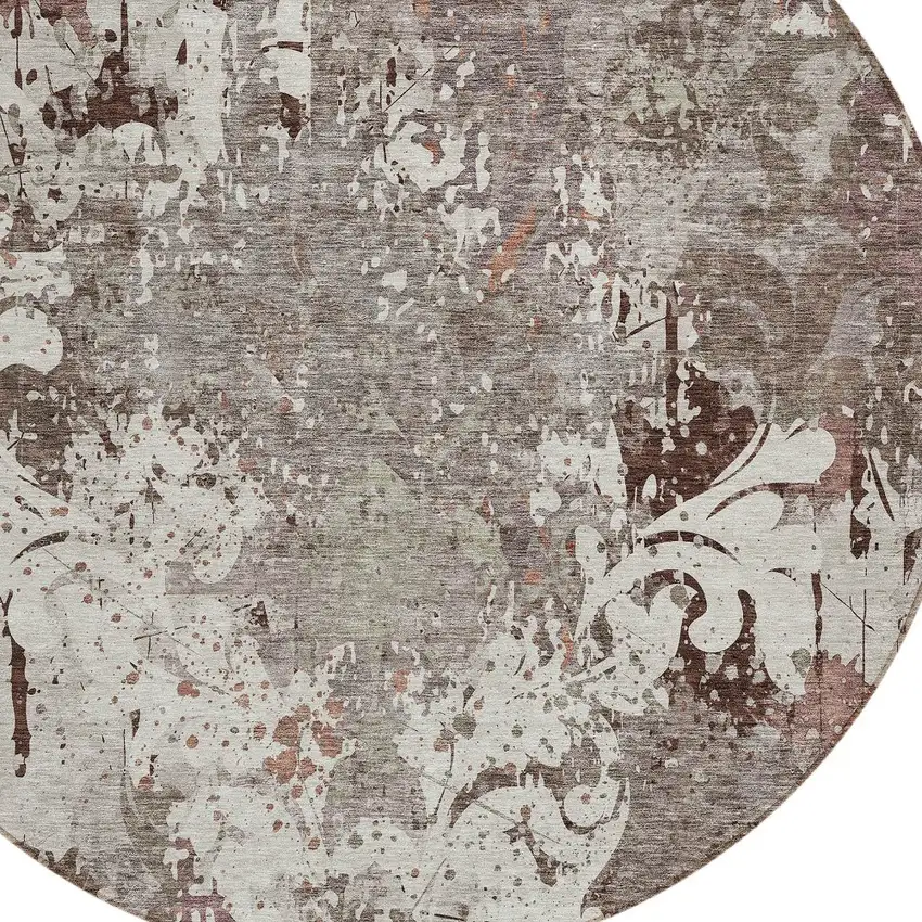 8' Taupe Ivory And Brown Round Damask Washable Indoor Outdoor Area Rug Photo 4