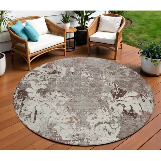 8' Taupe Ivory And Brown Round Damask Washable Indoor Outdoor Area Rug Photo 1