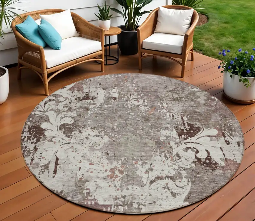 8' Taupe Ivory And Brown Round Damask Washable Indoor Outdoor Area Rug Photo 1