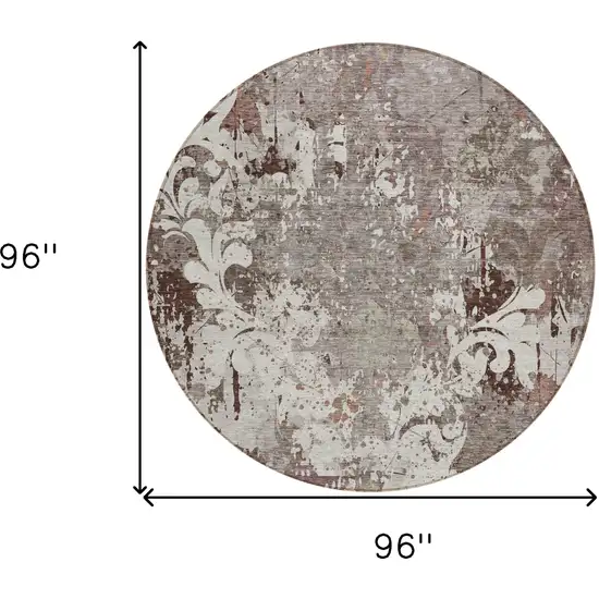 8' Taupe Ivory And Brown Round Damask Washable Indoor Outdoor Area Rug Photo 3