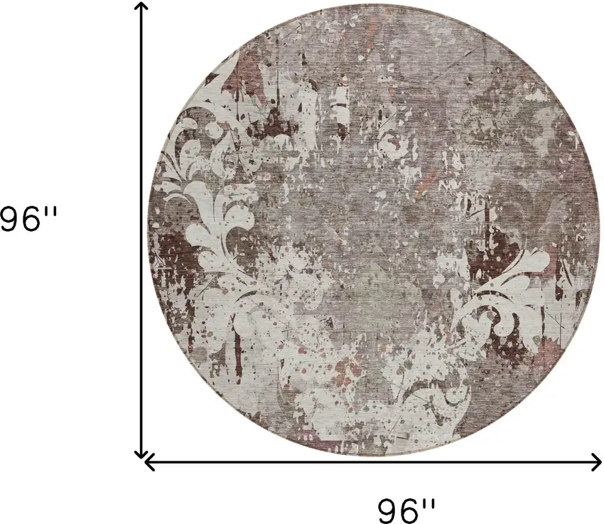 8' Taupe Ivory And Brown Round Damask Washable Indoor Outdoor Area Rug Photo 3