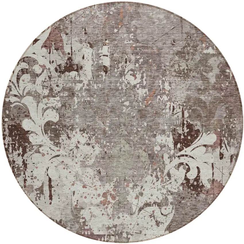 8' Taupe Ivory And Brown Round Damask Washable Indoor Outdoor Area Rug Photo 2