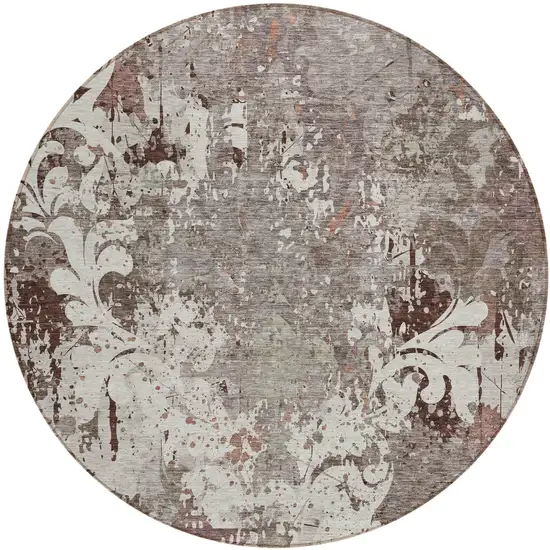 8' Taupe Ivory And Brown Round Damask Washable Indoor Outdoor Area Rug Photo 2