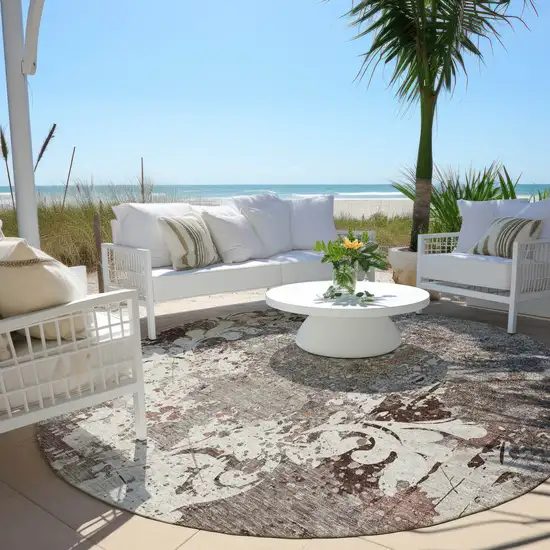 8' Taupe Ivory And Brown Round Damask Washable Indoor Outdoor Area Rug Photo 6