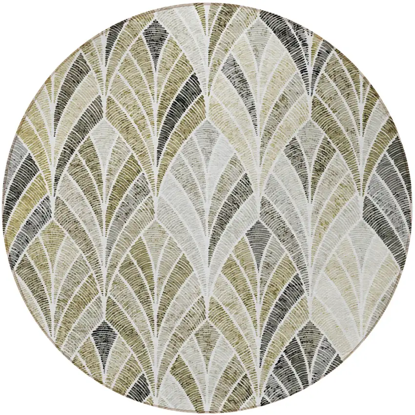 8' Taupe Ivory And Brown Round Geometric Washable Indoor Outdoor Area Rug Photo 6