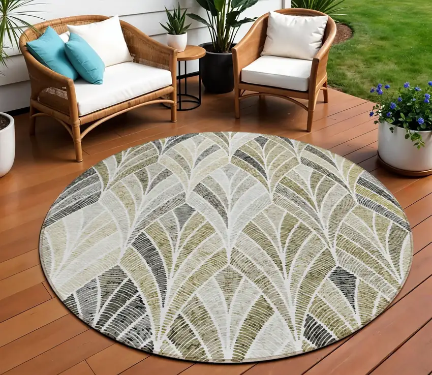 8' Taupe Ivory And Brown Round Geometric Washable Indoor Outdoor Area Rug Photo 1