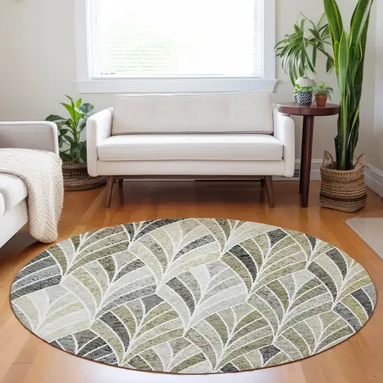 8' Taupe Ivory And Brown Round Geometric Washable Indoor Outdoor Area Rug Photo 8