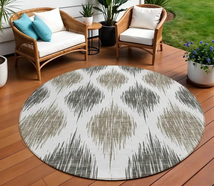8' Taupe Ivory And Brown Round Ikat Washable Indoor Outdoor Area Rug Photo 1