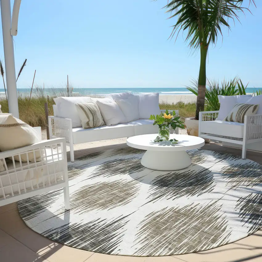 8' Taupe Ivory And Brown Round Ikat Washable Indoor Outdoor Area Rug Photo 6