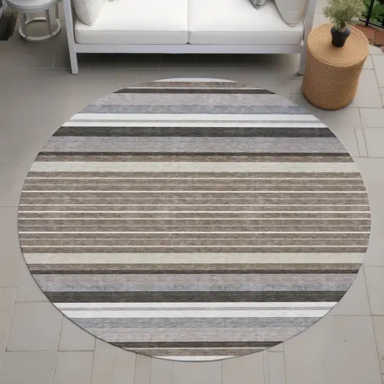 8' Taupe Ivory And Brown Round Striped Washable Indoor Outdoor Area Rug Photo 8