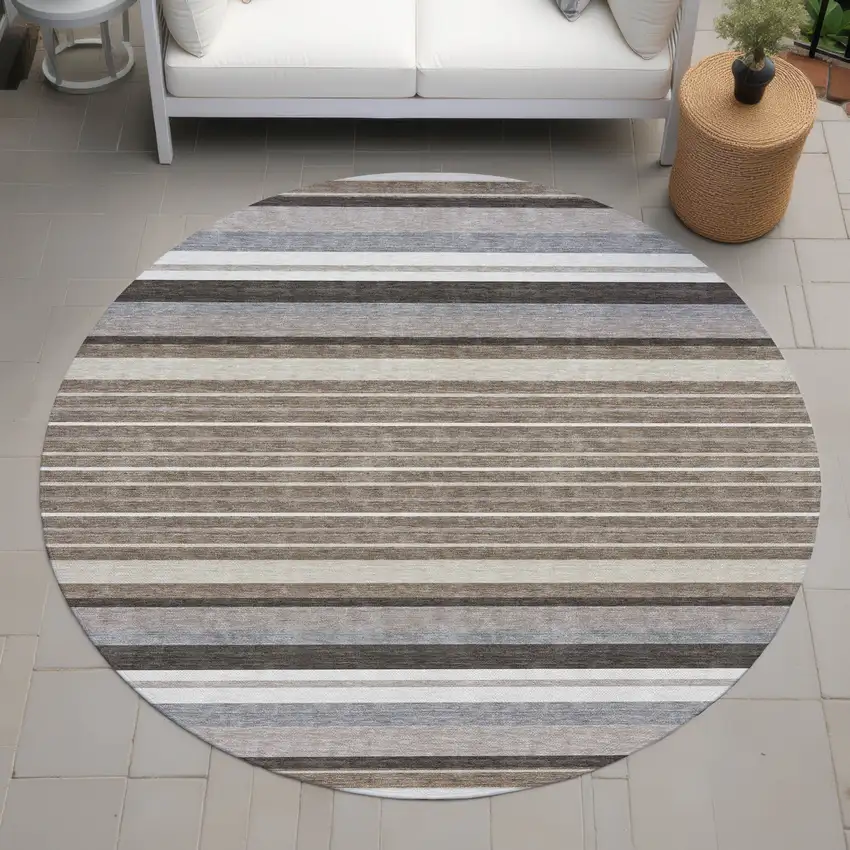 8' Taupe Ivory And Brown Round Striped Washable Indoor Outdoor Area Rug Photo 8