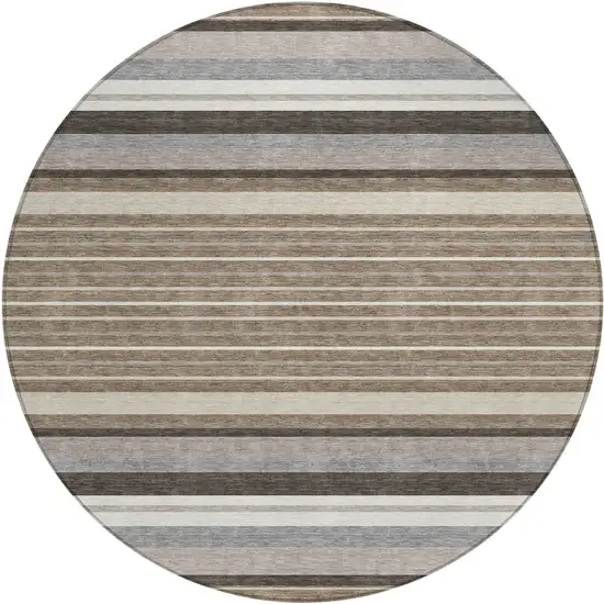 8' Taupe Ivory And Brown Round Striped Washable Indoor Outdoor Area Rug Photo 2