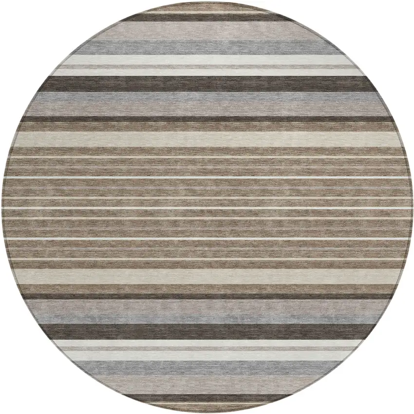 8' Taupe Ivory And Brown Round Striped Washable Indoor Outdoor Area Rug Photo 2