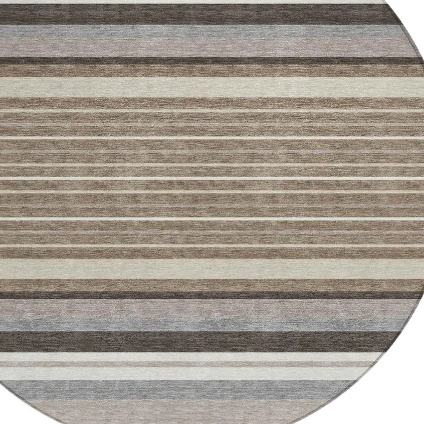 8' Taupe Ivory And Brown Round Striped Washable Indoor Outdoor Area Rug Photo 7