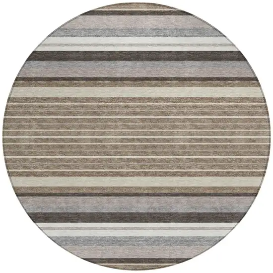 8' Taupe Ivory And Brown Round Striped Washable Indoor Outdoor Area Rug Photo 4