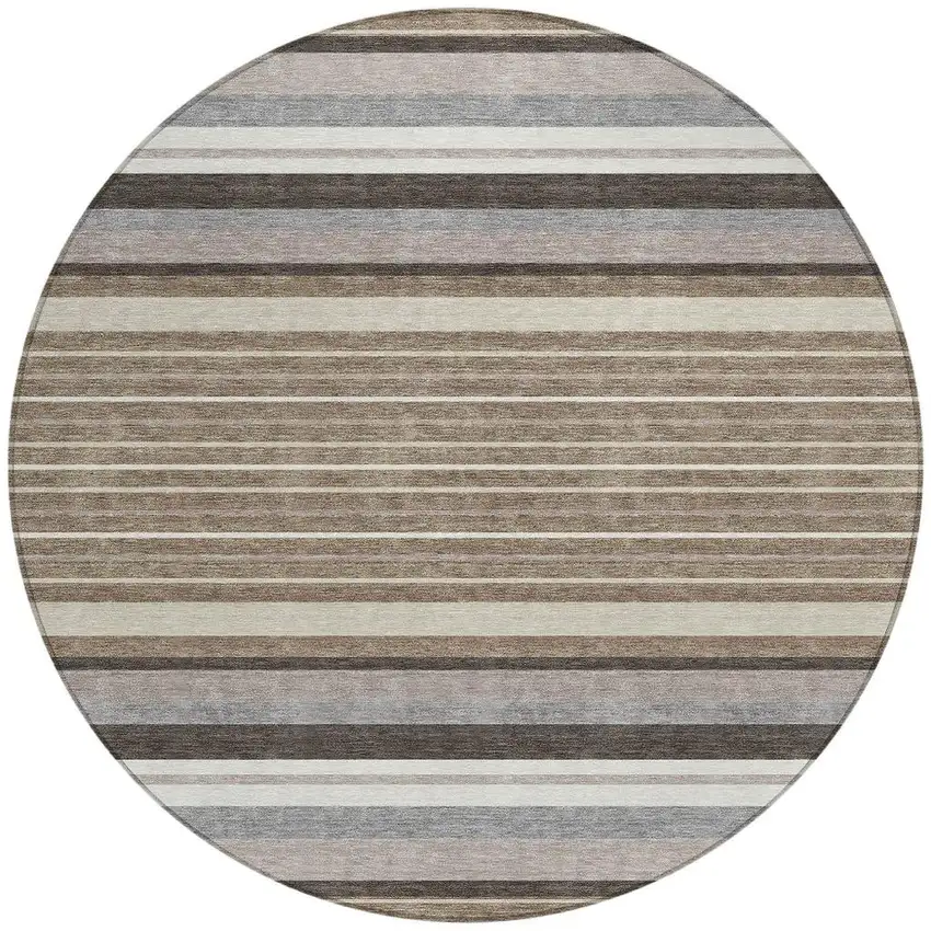 8' Taupe Ivory And Brown Round Striped Washable Indoor Outdoor Area Rug Photo 4