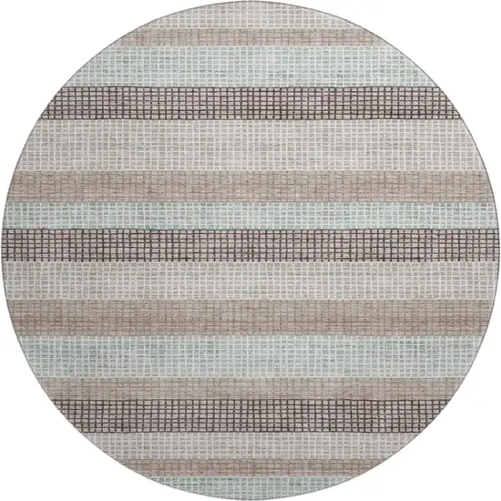 8' Taupe Ivory And Brown Striped Washable Round Rug With UV Protection Photo 1