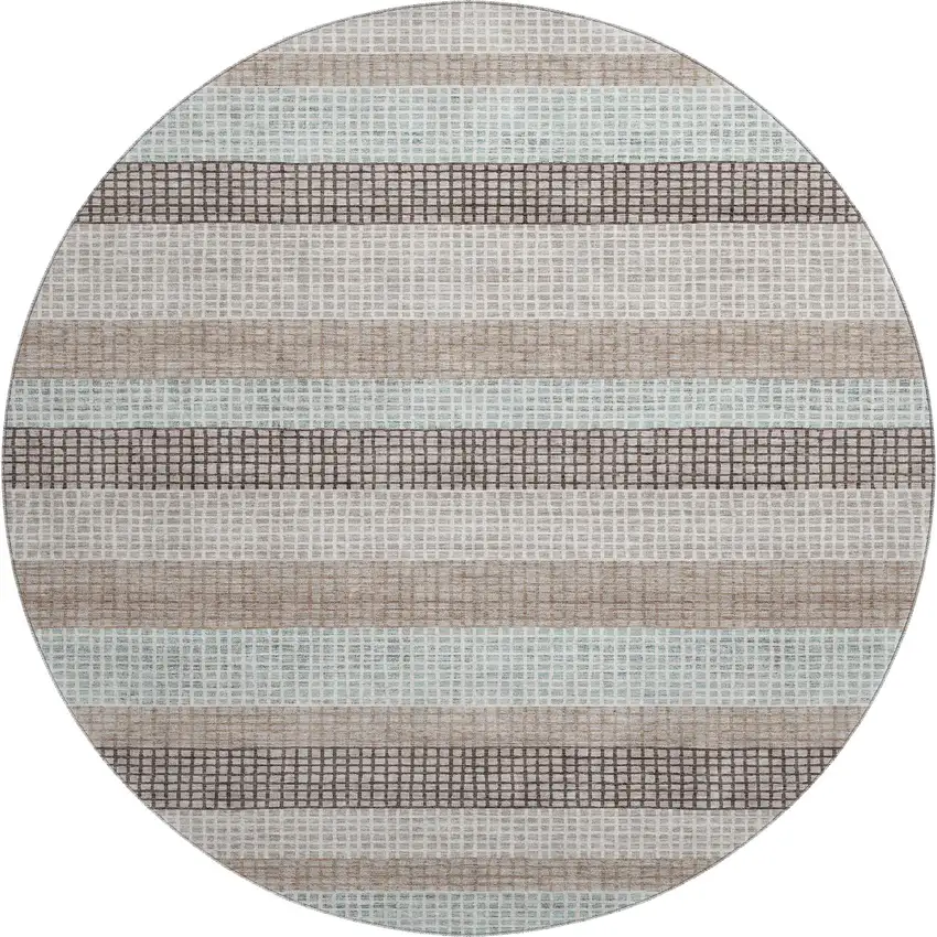 8' Taupe Ivory And Brown Striped Washable Round Rug With UV Protection Photo 1