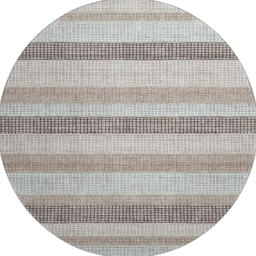 8' Taupe Ivory And Brown Striped Washable Round Rug With UV Protection Photo 4