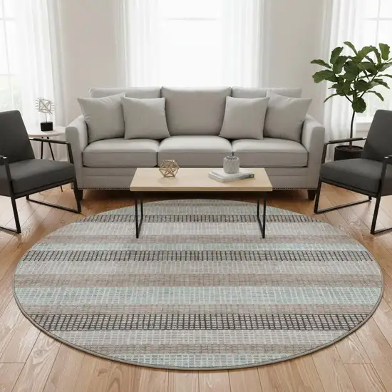 8' Taupe Ivory And Brown Striped Washable Round Rug With UV Protection Photo 2