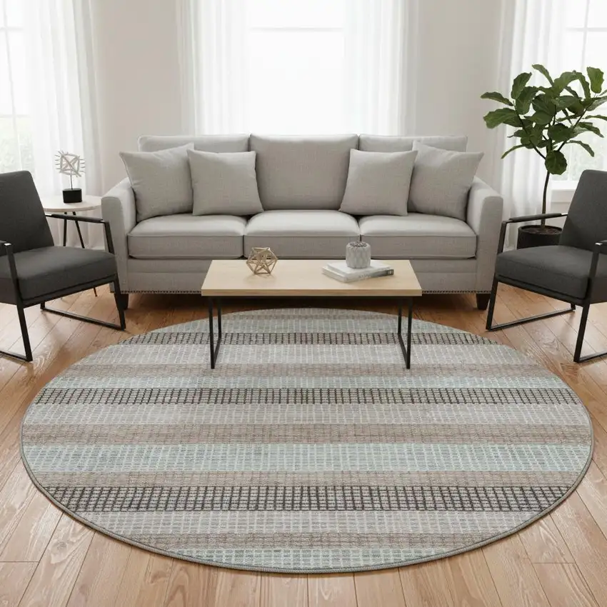 8' Taupe Ivory And Brown Striped Washable Round Rug With UV Protection Photo 2