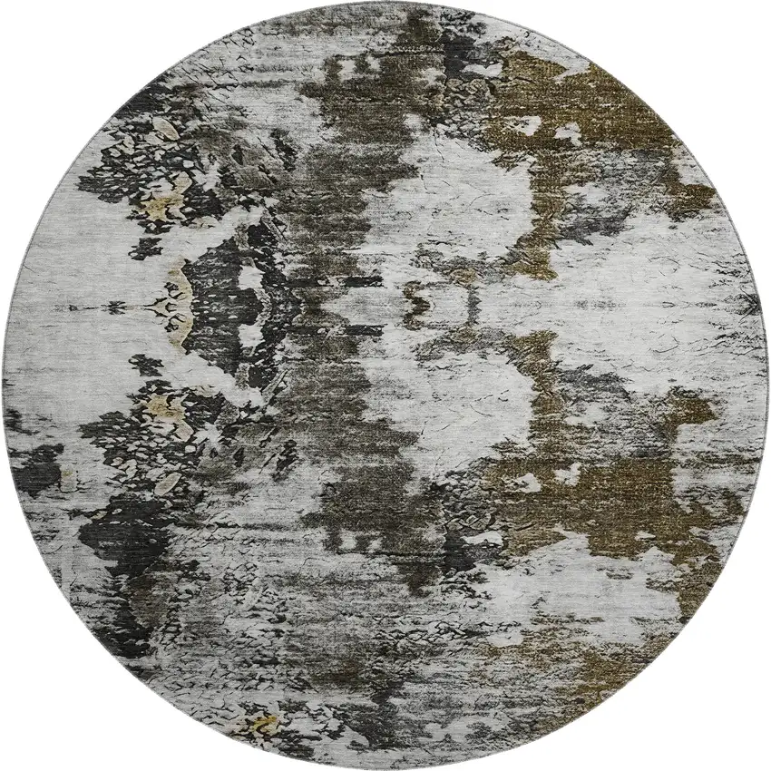 8' Taupe Ivory And Charcoal Abstract Washable Round Rug With UV Protection Photo 1