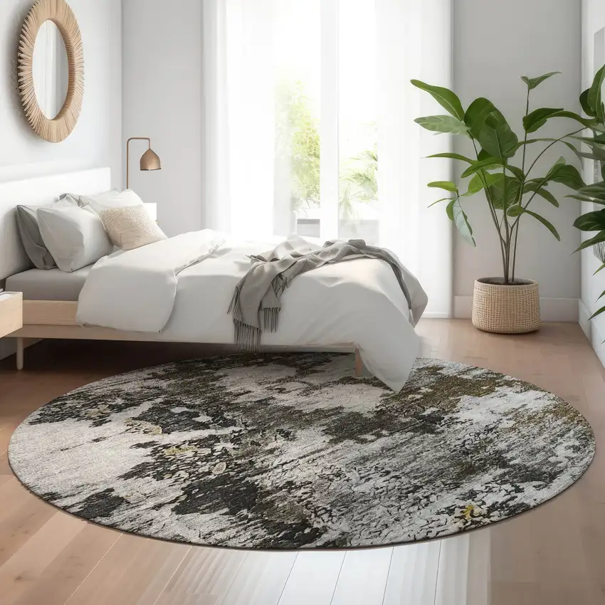 8' Taupe Ivory And Charcoal Abstract Washable Round Rug With UV Protection Photo 4
