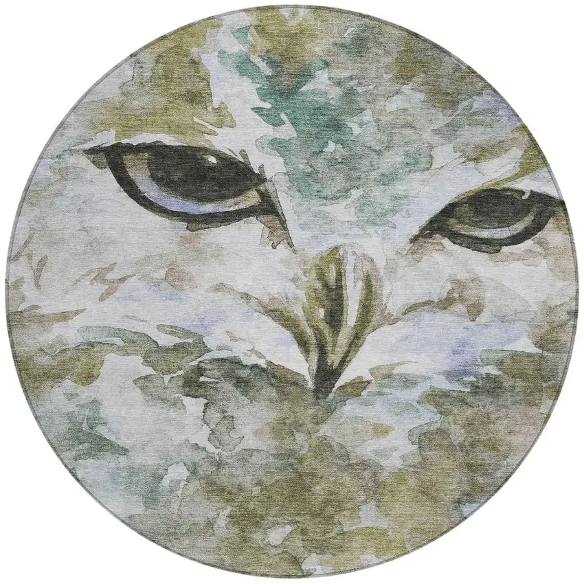 8' Taupe Ivory And Charcoal Round Owl Washable Indoor Outdoor Area Rug Photo 4
